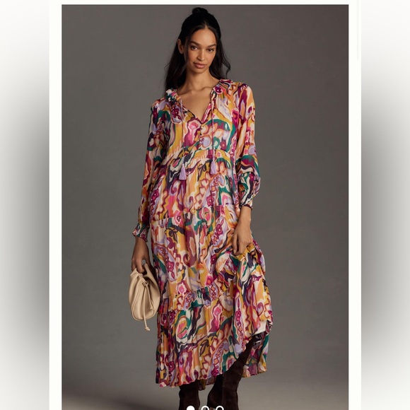 Anthropologie The Marais Printed Chiffon Maxi Dress Floral Orange Pink Wine - Picture 1 of 6